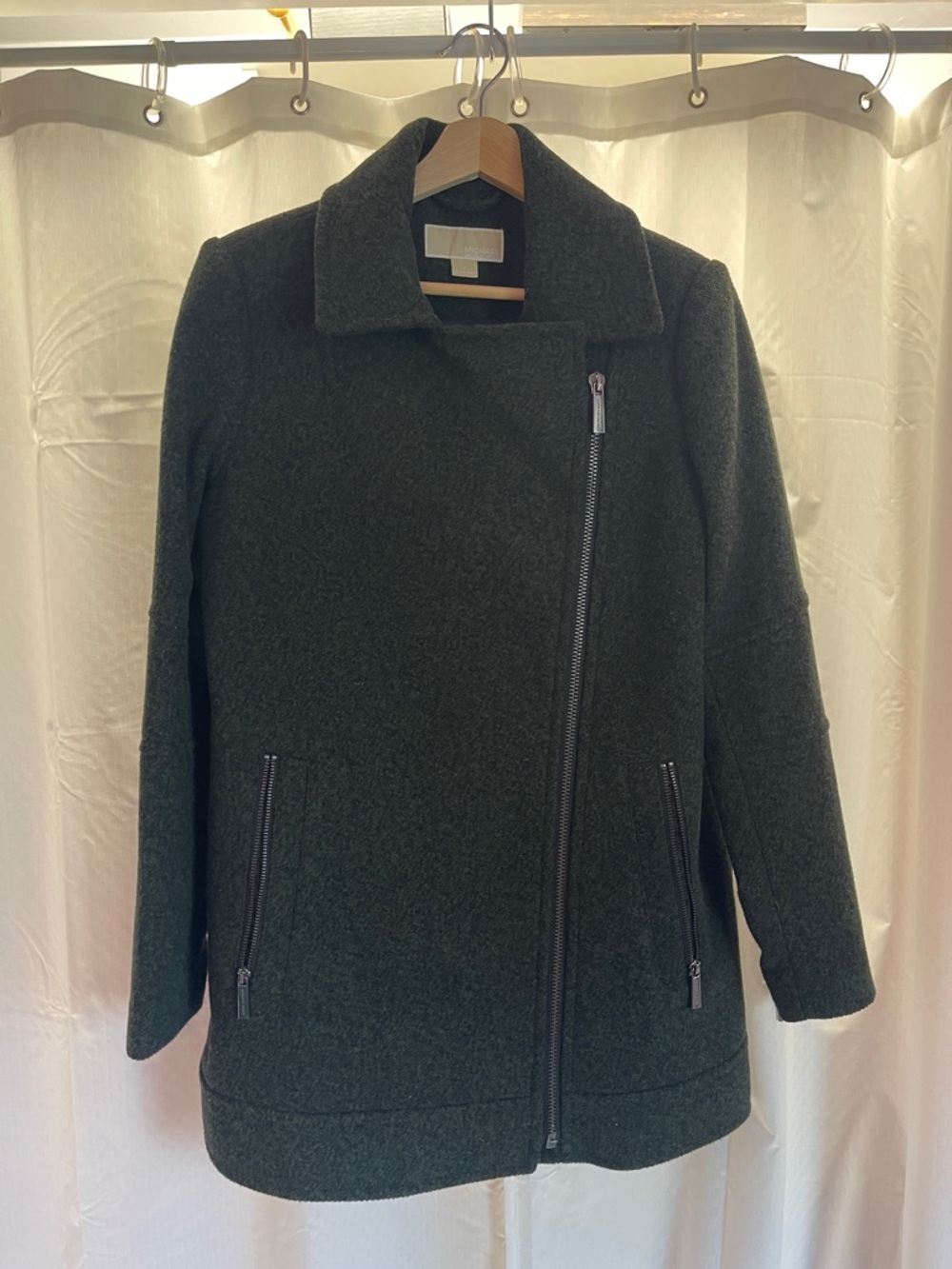 Michael Kors Dark Green Wool-Blend Peacoat with Asymmetrical Zip